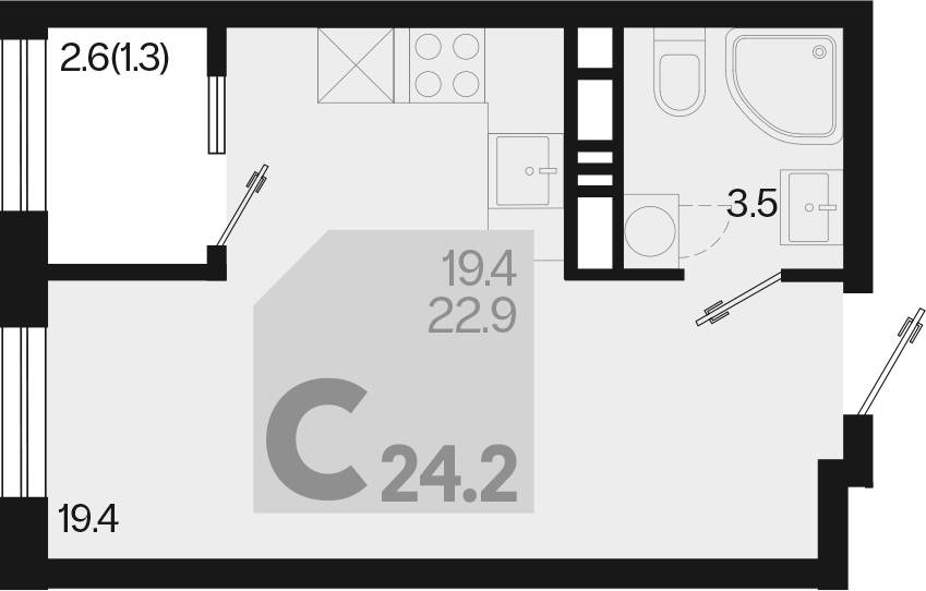 Планировка — Первое место, Студия, 23 м²