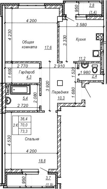 Планировка — Серебряный ключ, 2-комн., 70 м²