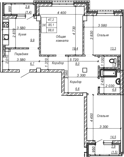 Планировка — Серебряный ключ, 3-комн., 85 м²
