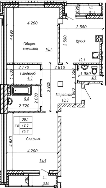 Планировка — Серебряный ключ, 2-комн., 73 м²