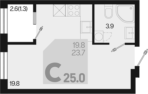 Планировка — Первое место, Студия, 24 м²