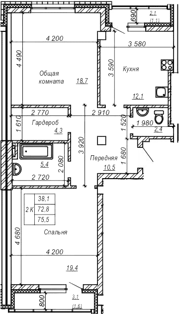 Планировка — Серебряный ключ, 2-комн., 73 м²