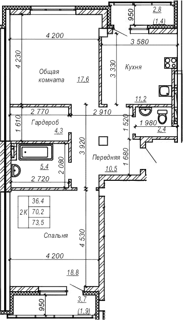 Планировка — Серебряный ключ, 2-комн., 70 м²