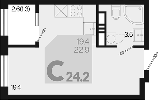 Планировка — Первое место, Студия, 23 м²