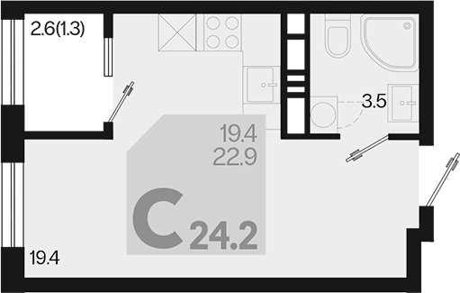 Планировка — Первое место, Студия, 23 м²