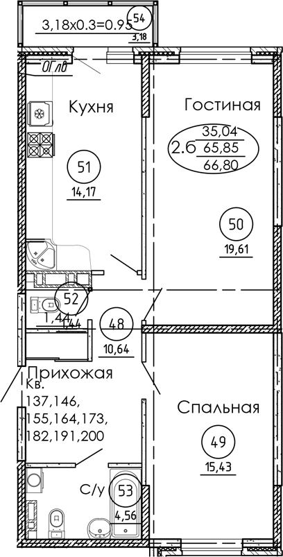 Планировка — Рокада, 2-комн., 63 м²