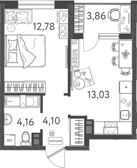Планировка — Друзья, 1-комн., 34 м²