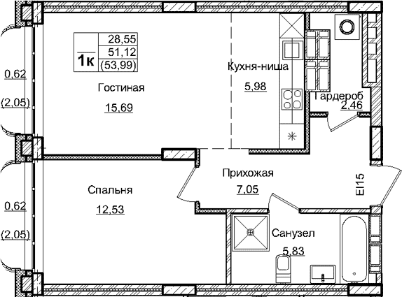 Планировка — Balance, 2-комн., 53 м²