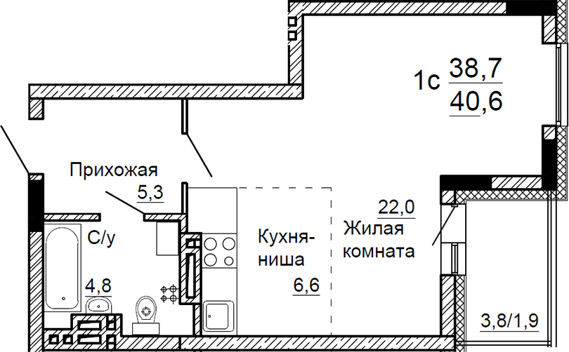 Планировка — На Петухова, Студия, 39 м²