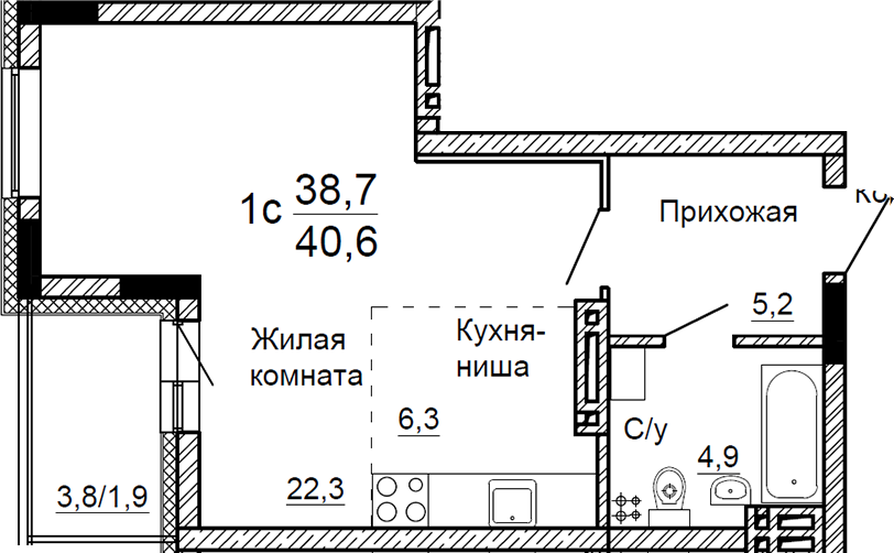 Планировка — На Петухова, Студия, 39 м²