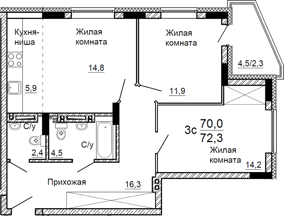 Планировка — На Петухова, 3-комн., 70 м²