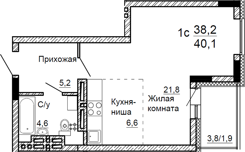 Планировка — На Петухова, Студия, 38 м²