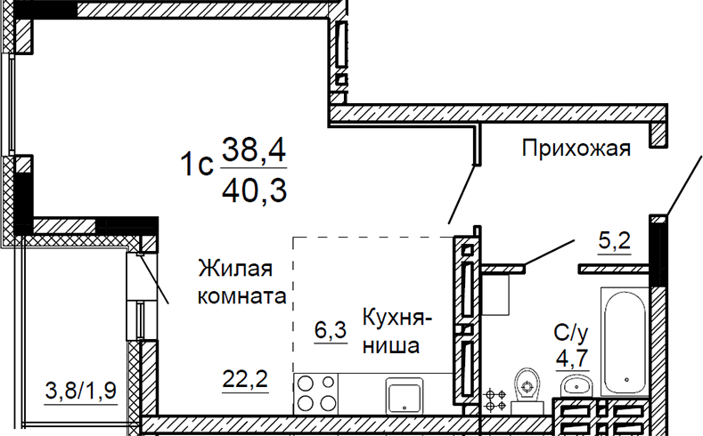 Планировка — На Петухова, Студия, 38 м²