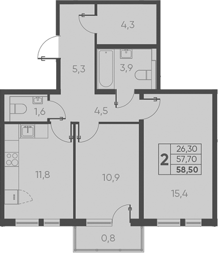 Планировка — Барса, 2-комн., 58 м²
