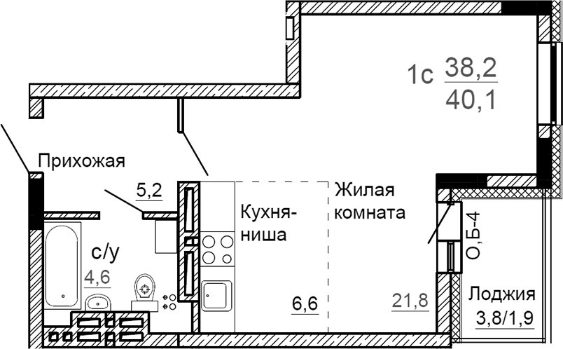 Планировка — На Петухова, Студия, 38 м²