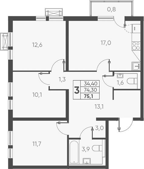 Планировка — Барса, 3-комн., 74 м²