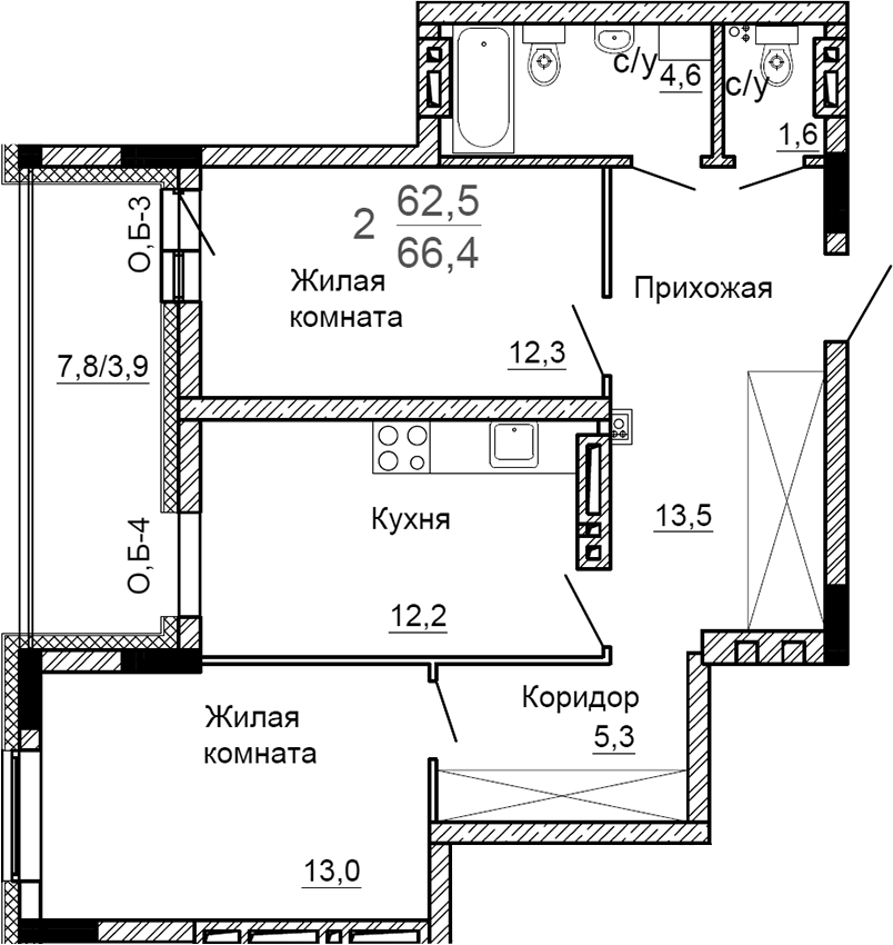 Планировка — На Петухова, 2-комн., 63 м²