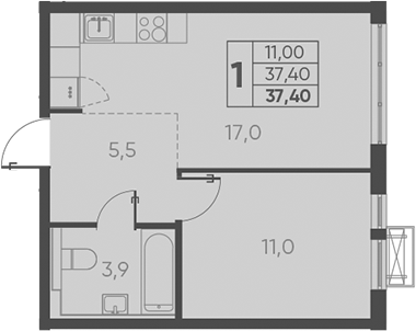 Планировка — Барса, 1-комн., 37 м²