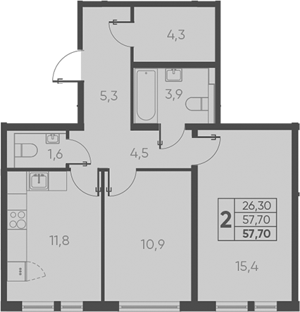 Планировка — Барса, 2-комн., 58 м²