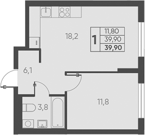 Планировка — Барса, 1-комн., 40 м²