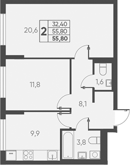 Планировка — Барса, 2-комн., 56 м²