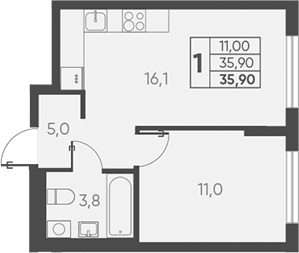 Планировка — Барса, 1-комн., 36 м²