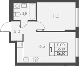 Планировка — Барса, 2-комн., 36 м²