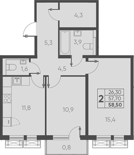 Планировка — Барса, 2-комн., 58 м²