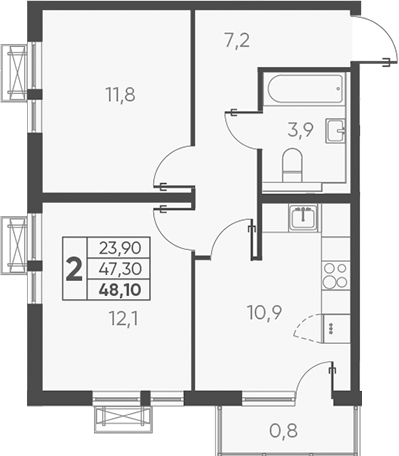 Планировка — Барса, 2-комн., 47 м²