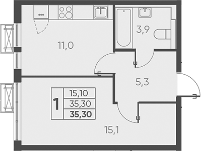 Планировка — Барса, 1-комн., 35 м²
