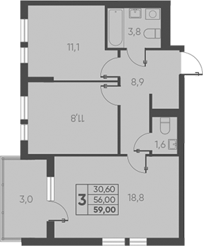 Планировка — Барса, 2-комн., 56 м²