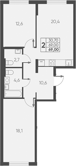 Планировка — Барса, 2-комн., 69 м²