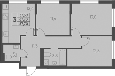Планировка — Барса, 3-комн., 68 м²