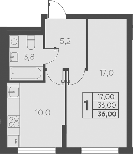Планировка — Барса, 1-комн., 36 м²