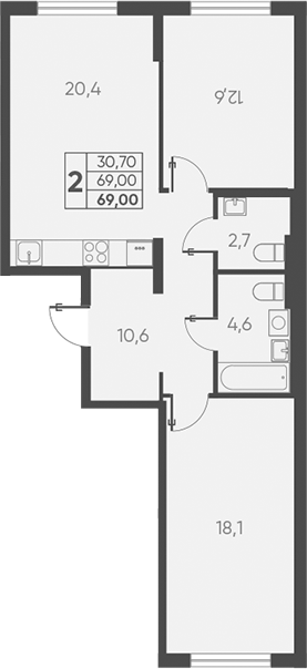 Планировка — Барса, 2-комн., 69 м²