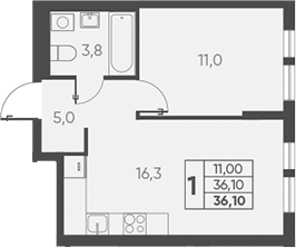 Планировка — Барса, 2-комн., 36 м²