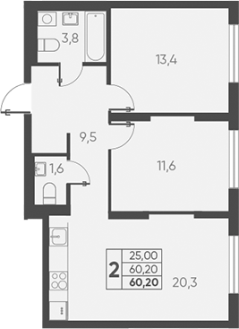 Планировка — Барса, 2-комн., 60 м²