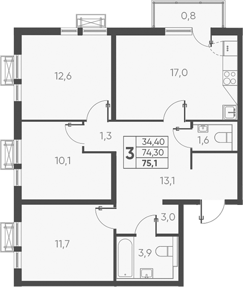 Планировка — Барса, 3-комн., 74 м²