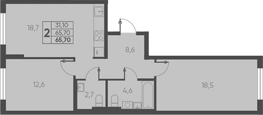 Планировка — Барса, 2-комн., 66 м²