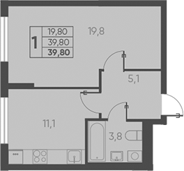 Планировка — Барса, 1-комн., 40 м²
