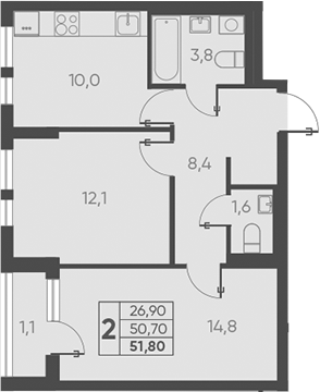 Планировка — Барса, 2-комн., 51 м²