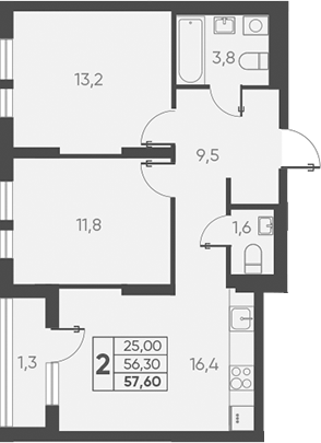 Планировка — Барса, 2-комн., 56 м²