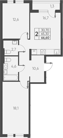 Планировка — Барса, 2-комн., 65 м²