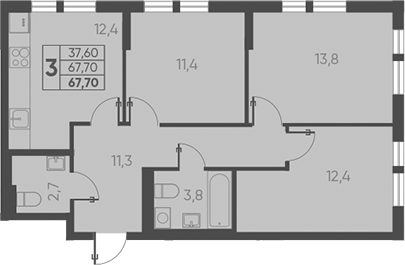 Планировка — Барса, 3-комн., 68 м²