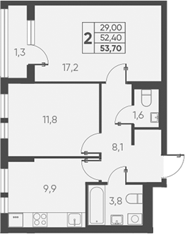 Планировка — Барса, 2-комн., 52 м²