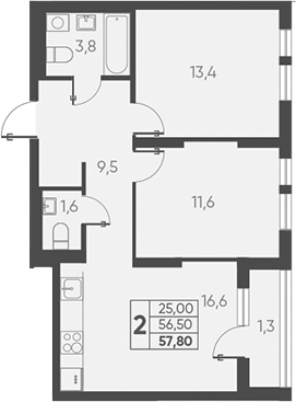 Планировка — Барса, 2-комн., 57 м²