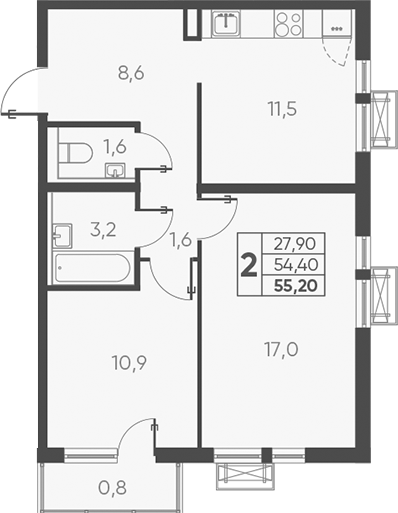 Планировка — Барса, 2-комн., 54 м²