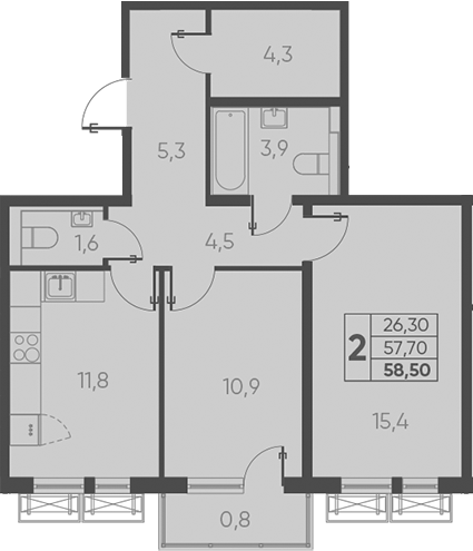 Планировка — Барса, 2-комн., 58 м²