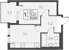 Планировка — Барса, 1-комн., 31 м²