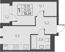 Планировка — Барса, 1-комн., 31 м²